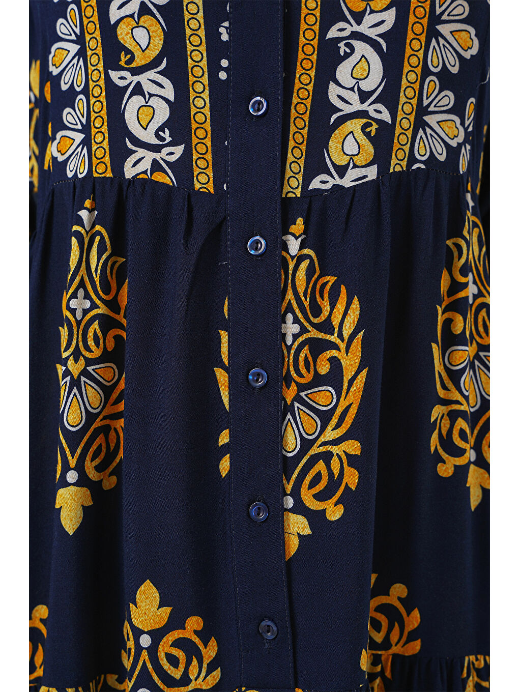 2423 Otantik Desenli Tesettür Elbise - Lacivert 2-4