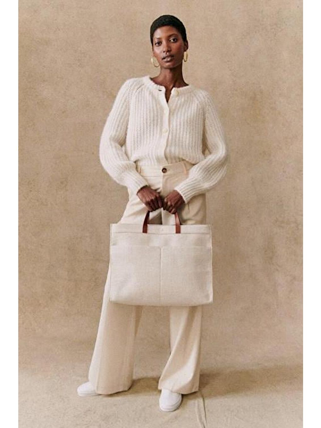 Ekru  Bisiklet Yaka Selanik Örgü Düğmeli Kadın Hırka Mg2487-3