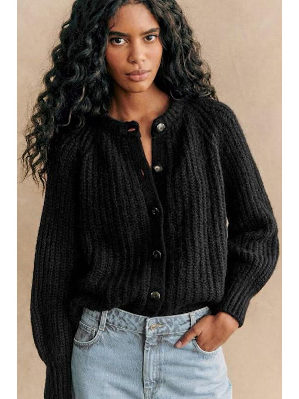 Siyah Bisiklet Yaka Selanik Örgü Düğmeli Kadın Hırka Mg2487