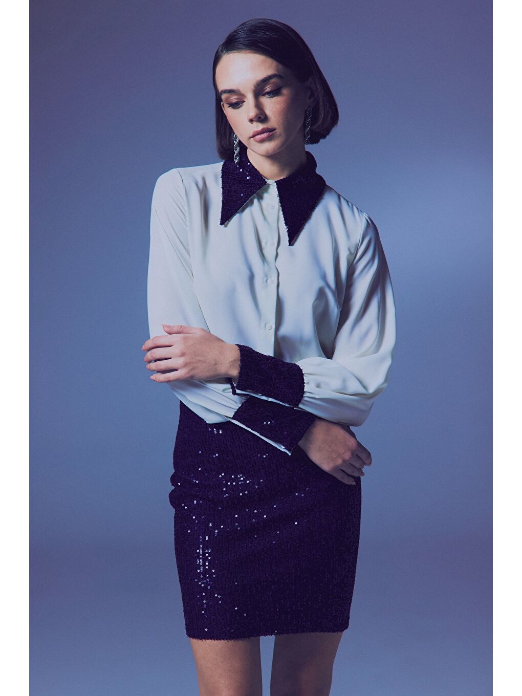 Payet Detaylı Gömlek - Ekru-Lacivert-1