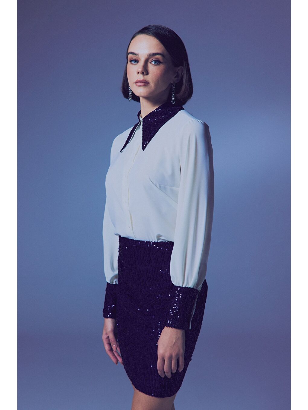 Payet Detaylı Gömlek - Ekru-Lacivert-3