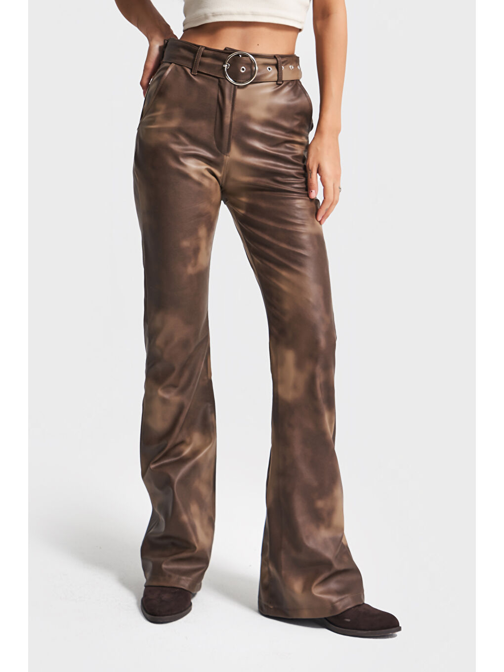 Kahverengi Kadın Batik Renk w5-16 Flare Fit Özel Renk Tasarım Deri Pantolon