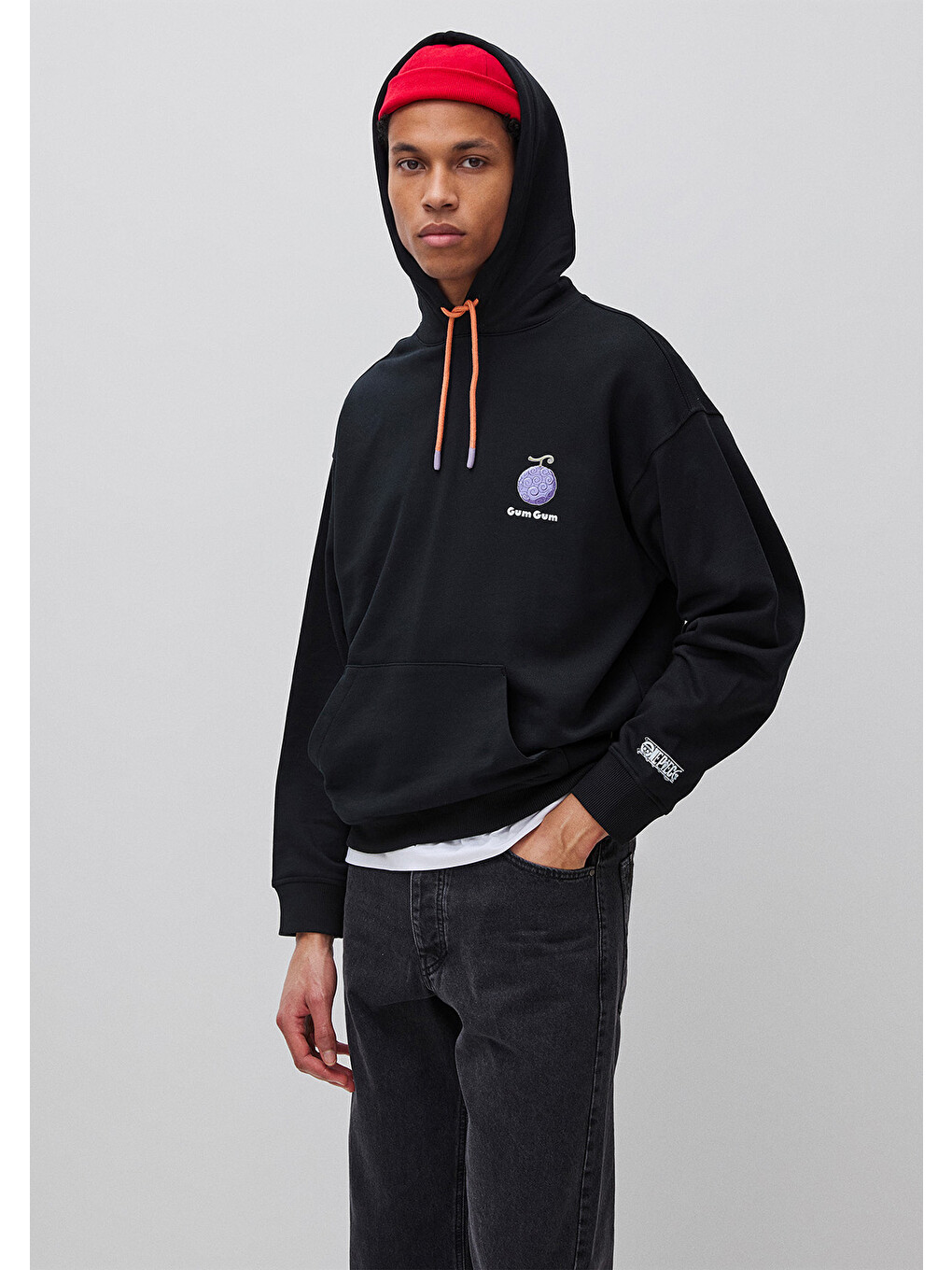 Erkek Siyah %100 Pamuk Kontrast Kordonlu Grafik Baskılı Kapüşonlu Sweatshirt