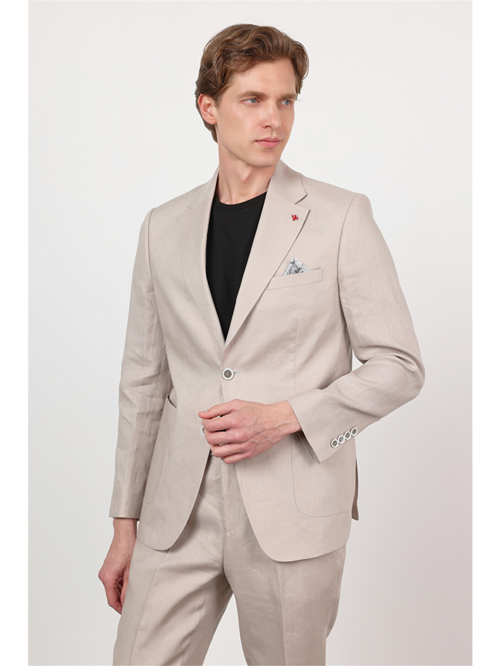 Bej Düz Desen Keten Mono Yaka 6 Drop Slim Fit %100 Keten Takım Elbise 1001260164-4