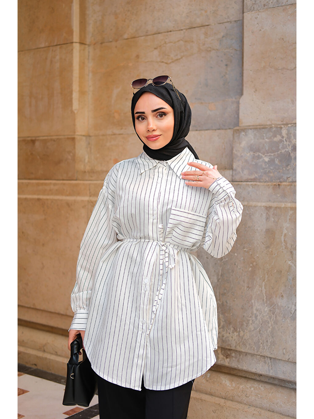 Kadın Çizgili Gömlek Beyaz-2