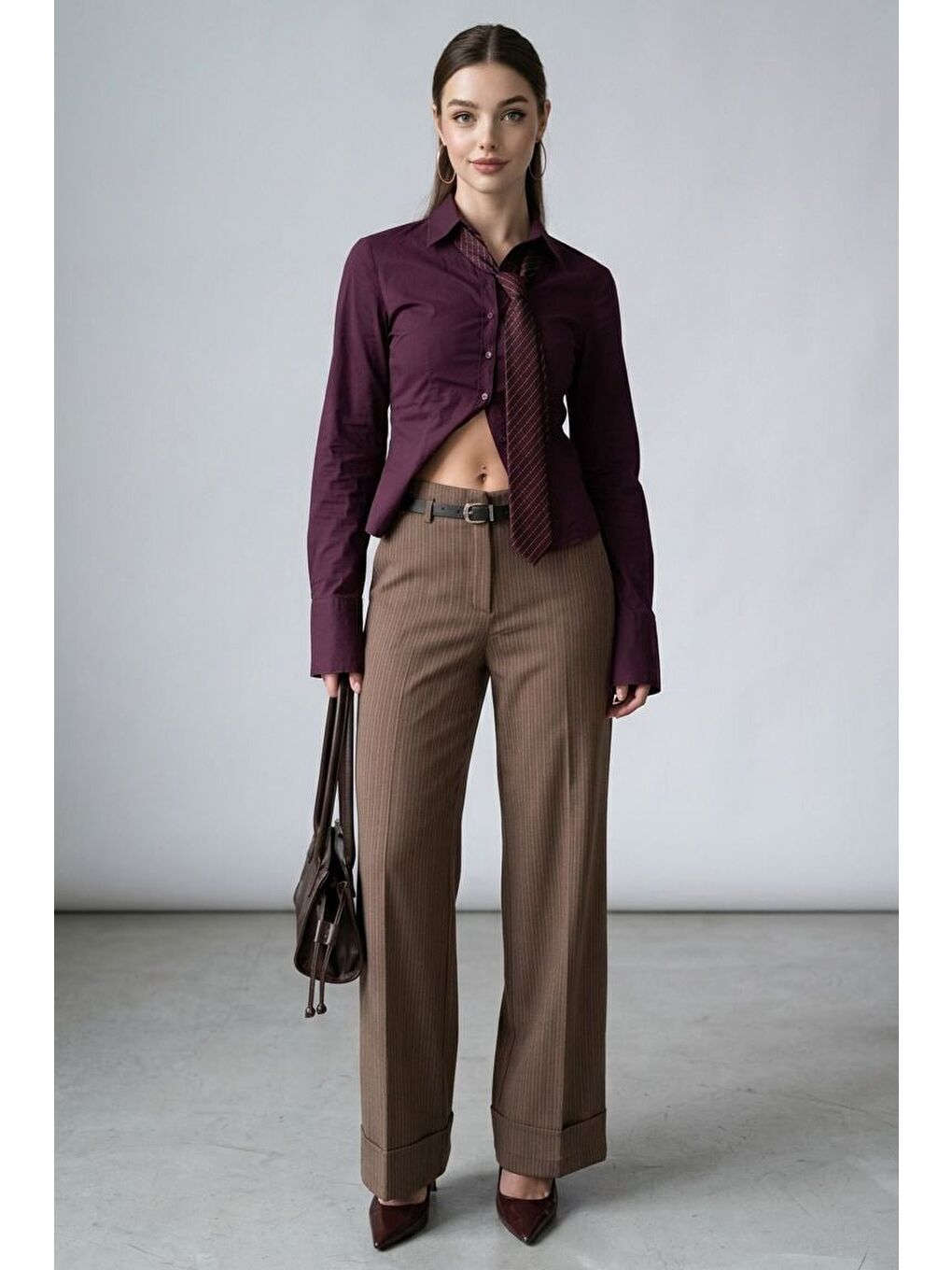 Bej Vizon Çizgili Geniş Paça Normal Bel Kemerli Pantolon Mg2735-3