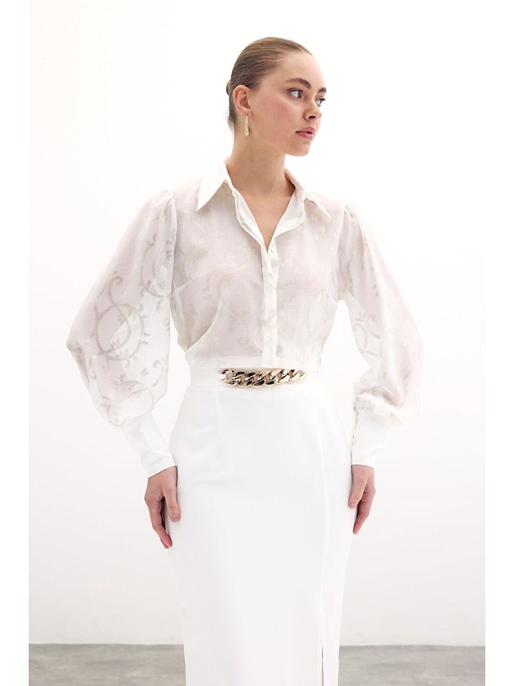 Geniş Manşetli Şifon Gömlek - Ekru