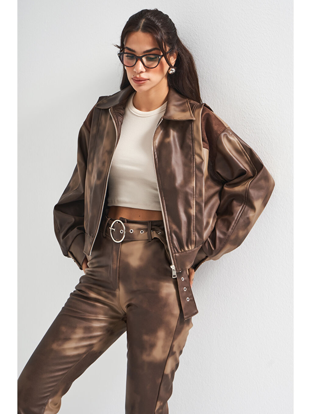 Kahverengi Kadın Batik Renk w5-16 Bol Kesim Özel Renk Tasarım Deri Ceket-4