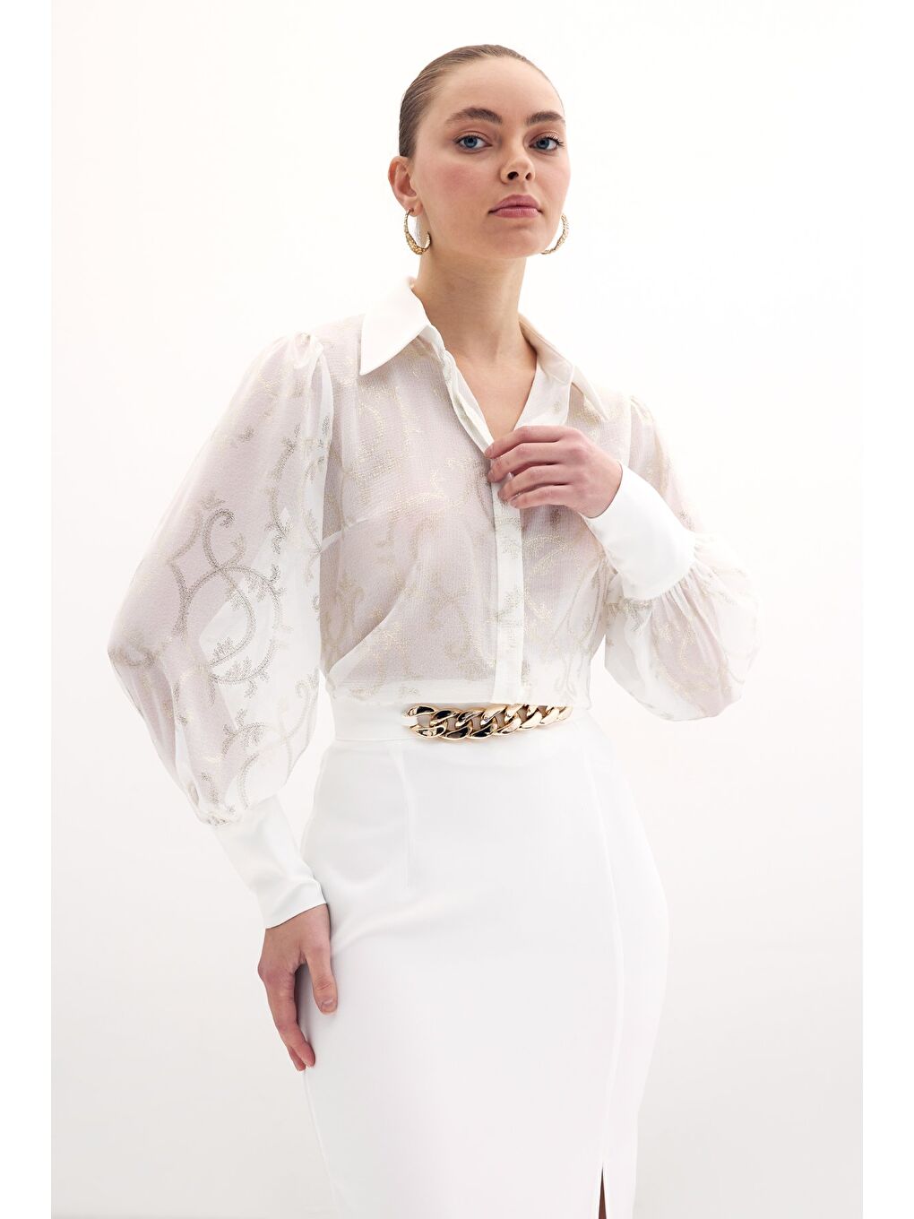 Geniş Manşetli Şifon Gömlek - Ekru-1