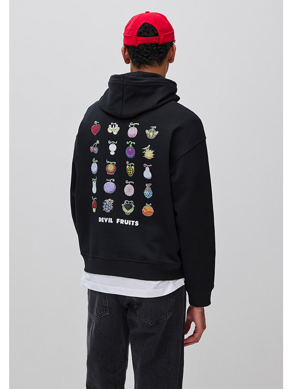 Erkek Siyah %100 Pamuk Kontrast Kordonlu Grafik Baskılı Kapüşonlu Sweatshirt-1