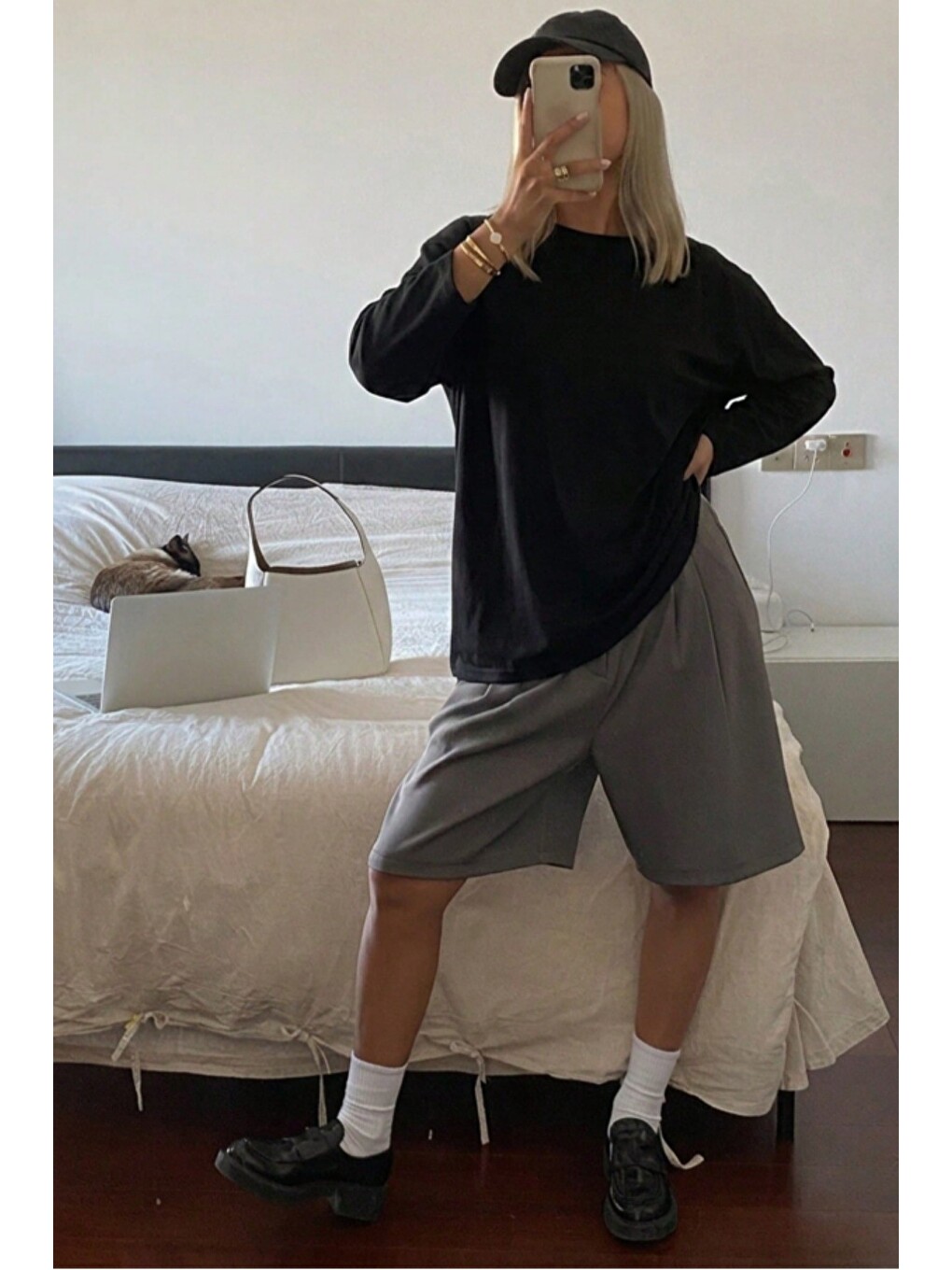 Siyah Kadın Oversize Basic Uzun Kollu Tişört %100 Pamuk Süprem Bisiklet Yaka Rahat Kalıp-1