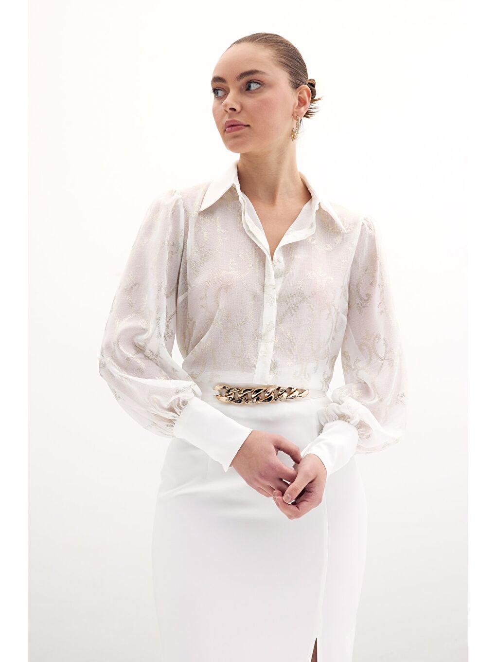 Geniş Manşetli Şifon Gömlek - Ekru-2