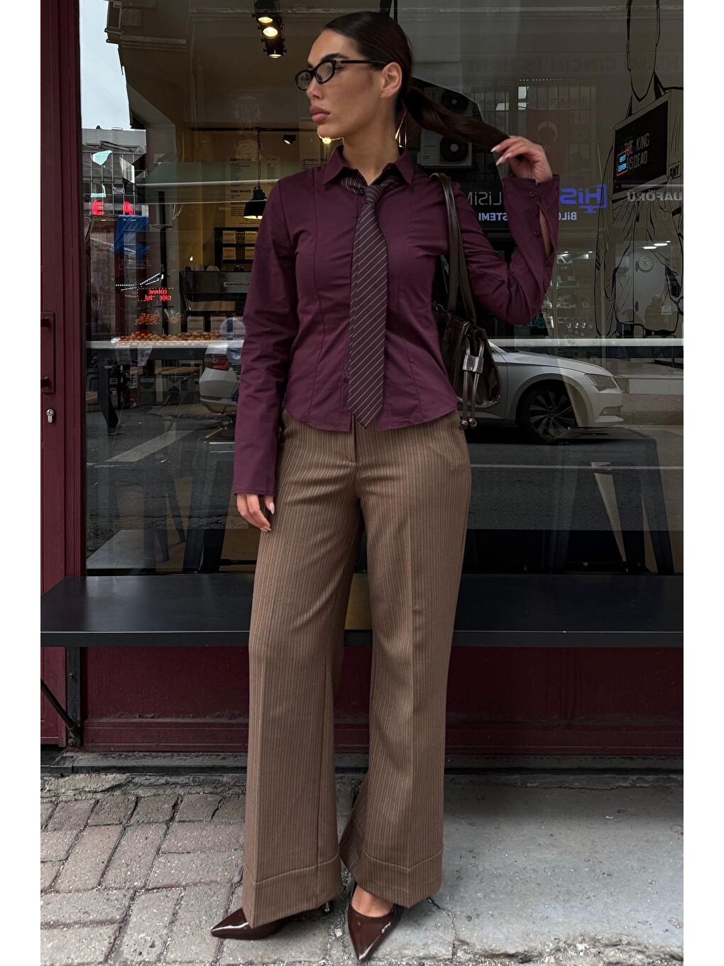 Bej Vizon Çizgili Geniş Paça Normal Bel Kemerli Pantolon Mg2735-4