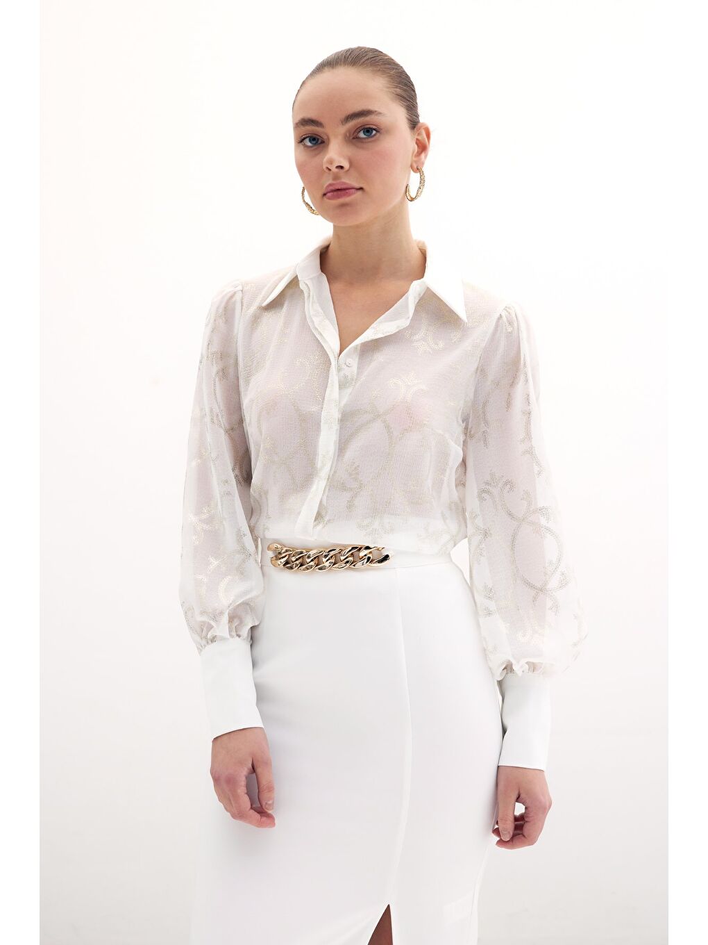 Geniş Manşetli Şifon Gömlek - Ekru-3