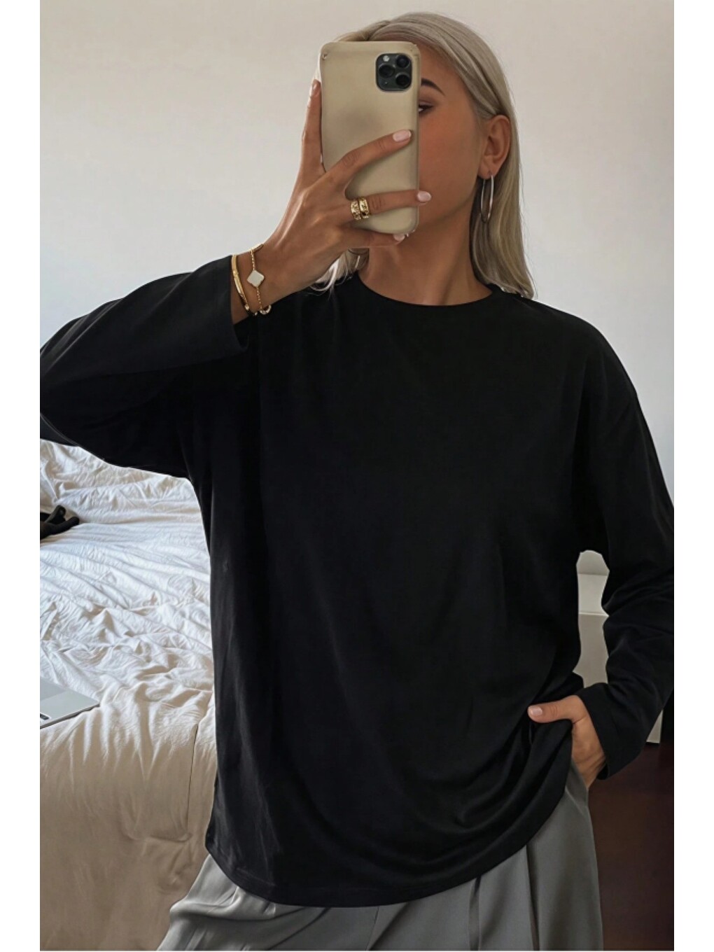 Siyah Kadın Oversize Basic Uzun Kollu Tişört %100 Pamuk Süprem Bisiklet Yaka Rahat Kalıp-3
