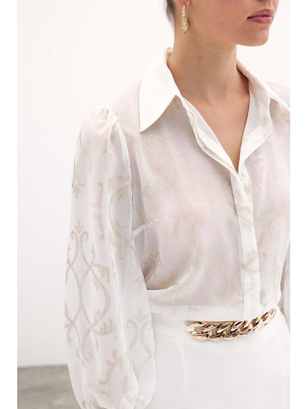 Geniş Manşetli Şifon Gömlek - Ekru-4