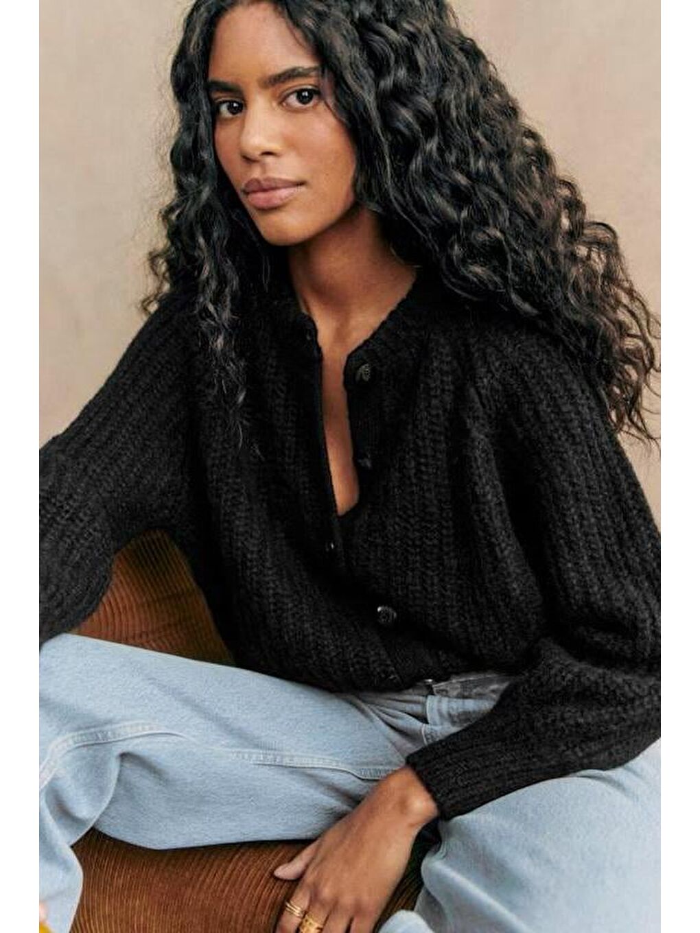 Siyah Bisiklet Yaka Selanik Örgü Düğmeli Kadın Hırka Mg2487-3