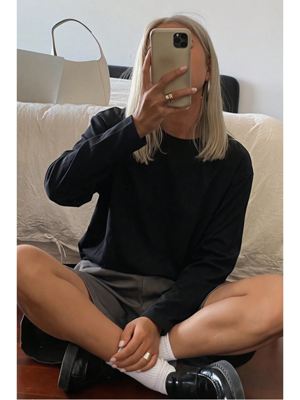Siyah Kadın Oversize Basic Uzun Kollu Tişört %100 Pamuk Süprem Bisiklet Yaka Rahat Kalıp-4