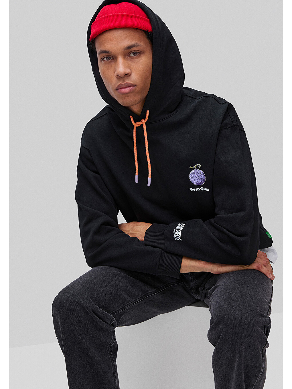 Erkek Siyah %100 Pamuk Kontrast Kordonlu Grafik Baskılı Kapüşonlu Sweatshirt-2