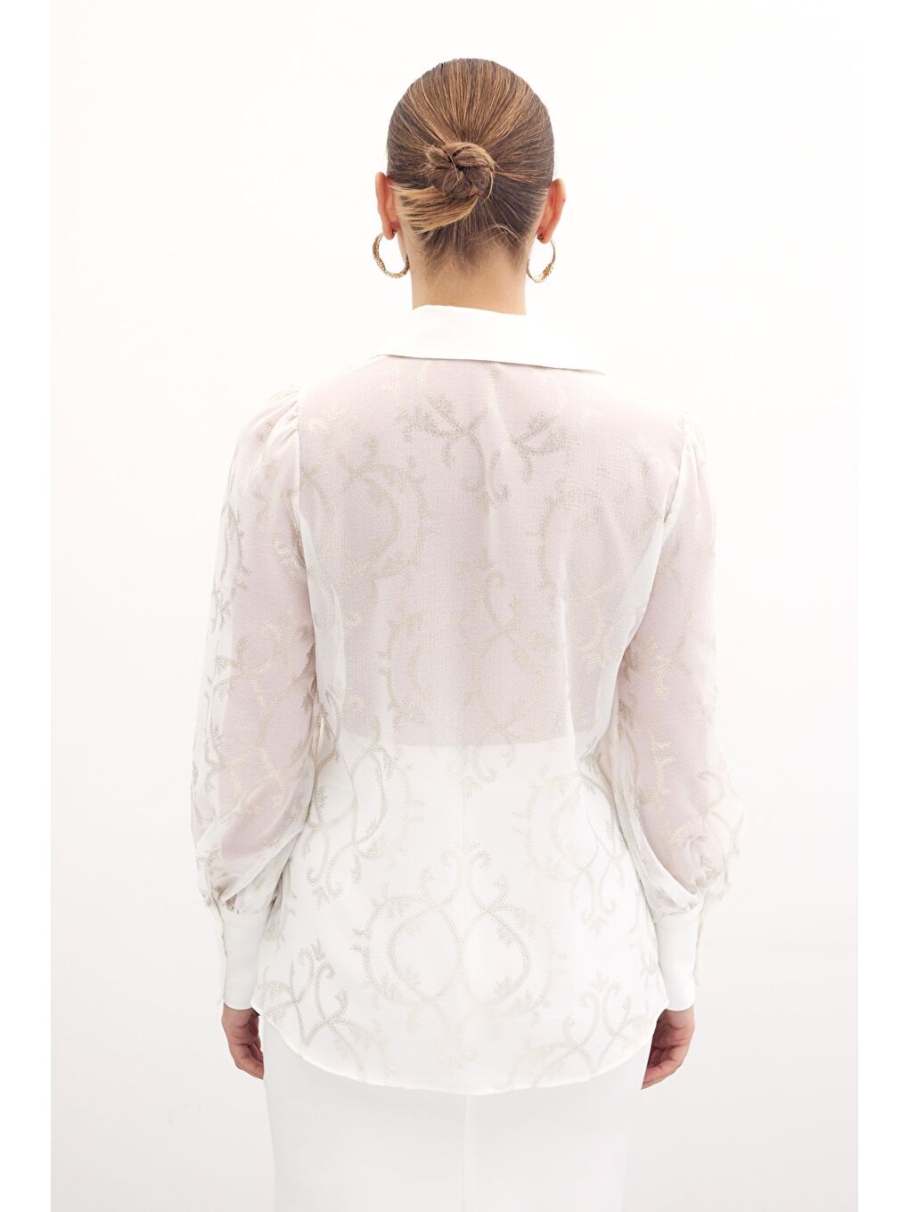 Geniş Manşetli Şifon Gömlek - Ekru-5