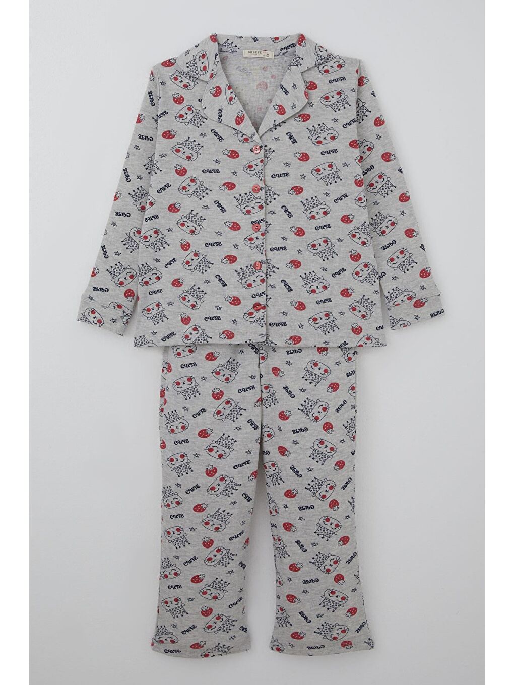 Kız Çocuk Pijama Takımı Kraliçe Kedicik & Çilek Desenli Açık Gri Melanj (7-11 Yaş)