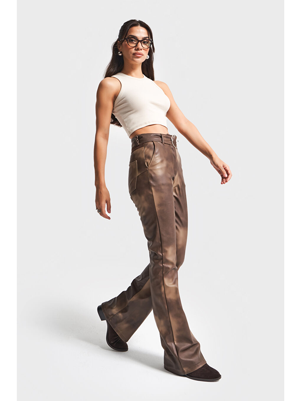 Kahverengi Kadın Batik Renk w5-16 Flare Fit Özel Renk Tasarım Deri Pantolon-1