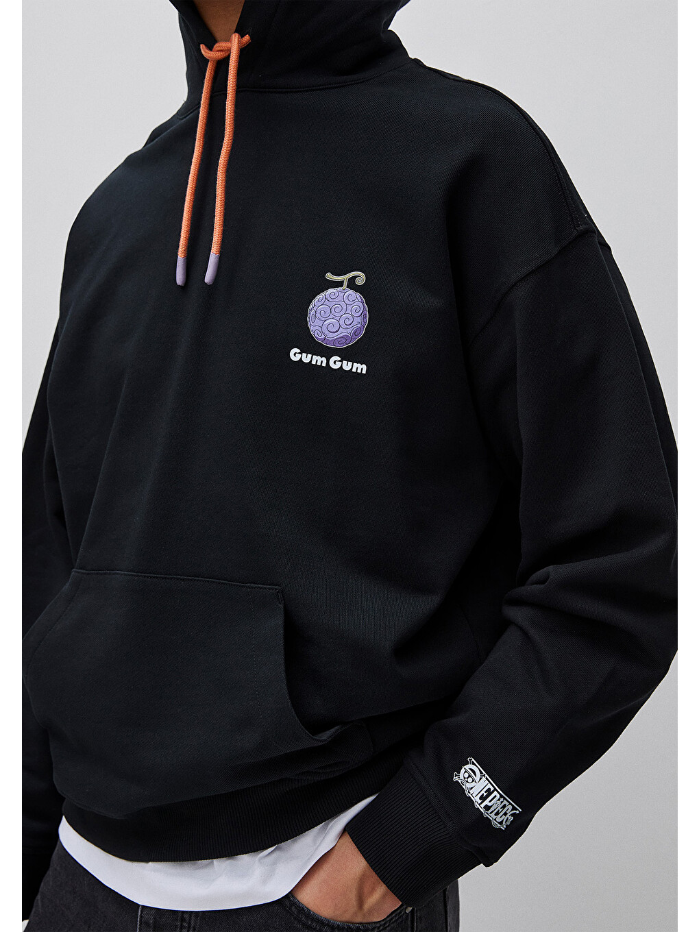 Erkek Siyah %100 Pamuk Kontrast Kordonlu Grafik Baskılı Kapüşonlu Sweatshirt-3