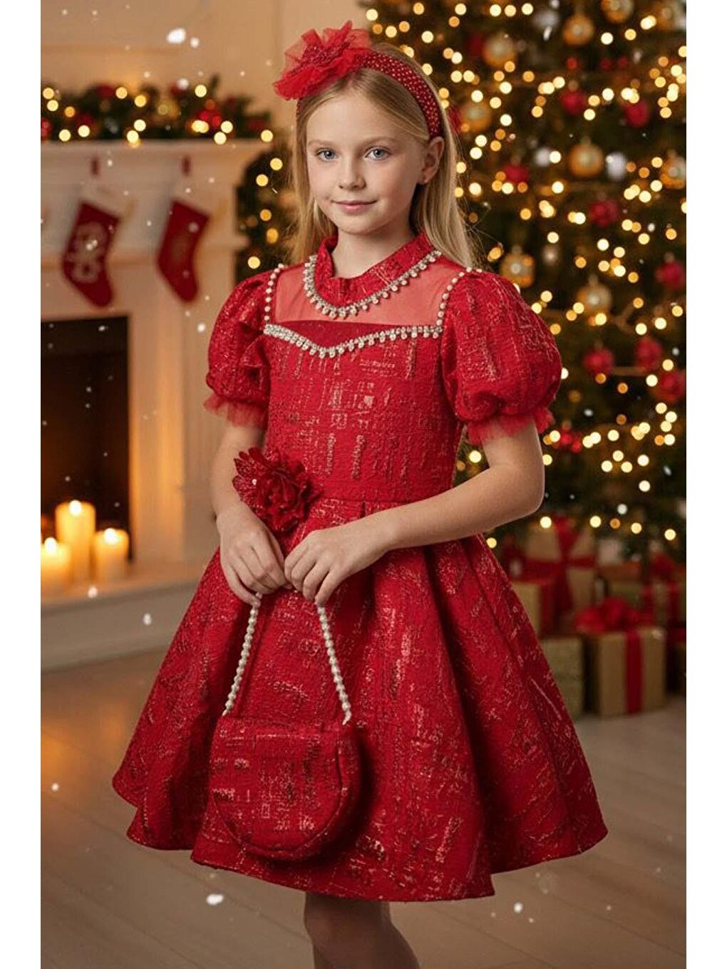 Kız Çocuk Yakası İnci Taş İşlemeli Üzeri Jakar Detaylı Balon Kollu Kabarık Kırmızı Abiye-1