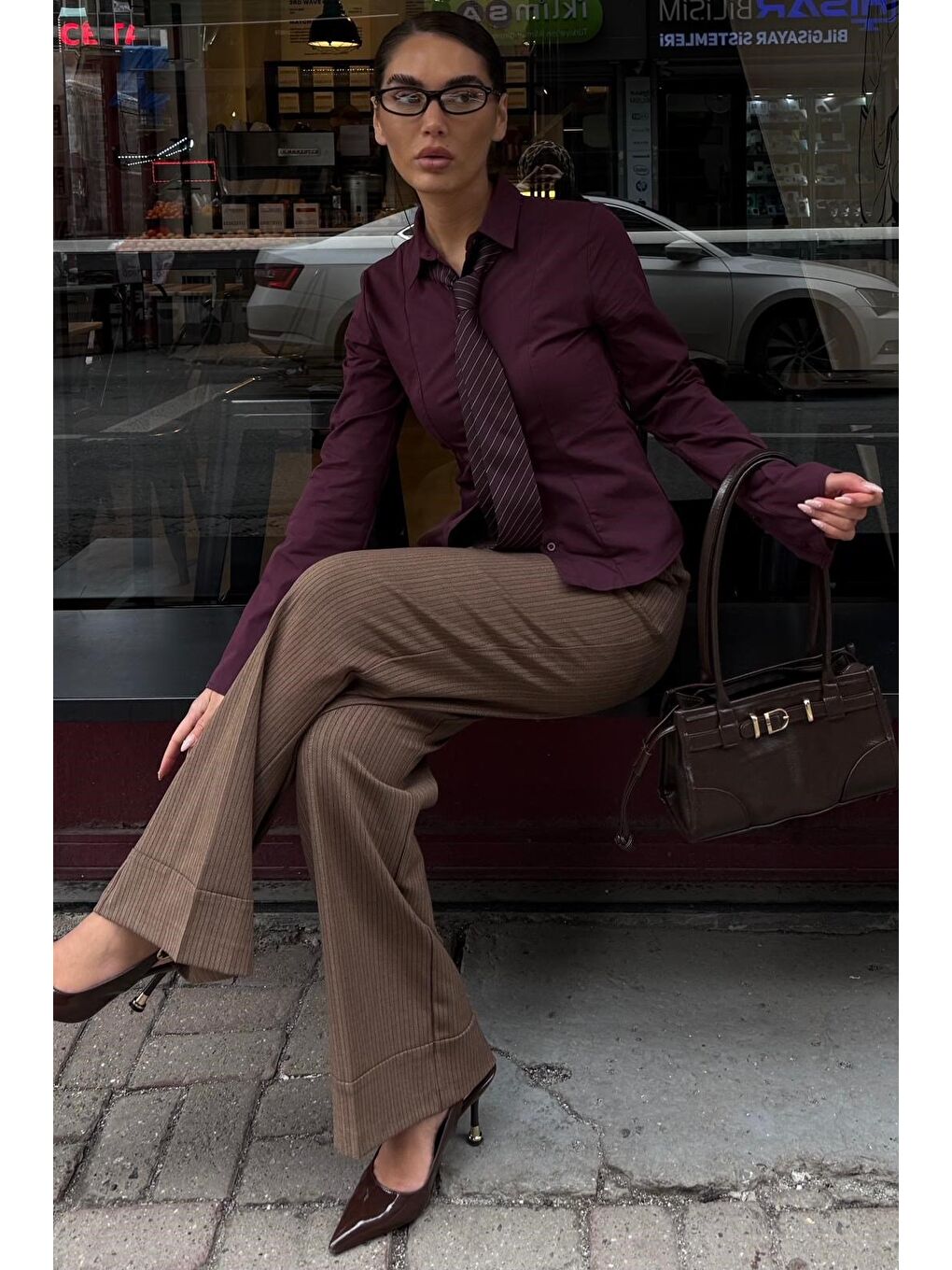 Bej Vizon Çizgili Geniş Paça Normal Bel Kemerli Pantolon Mg2735-6