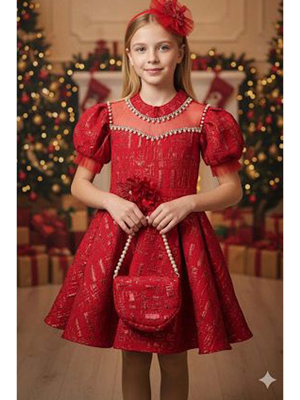 Kız Çocuk Yakası İnci Taş İşlemeli Üzeri Jakar Detaylı Balon Kollu Kabarık Kırmızı Abiye-3