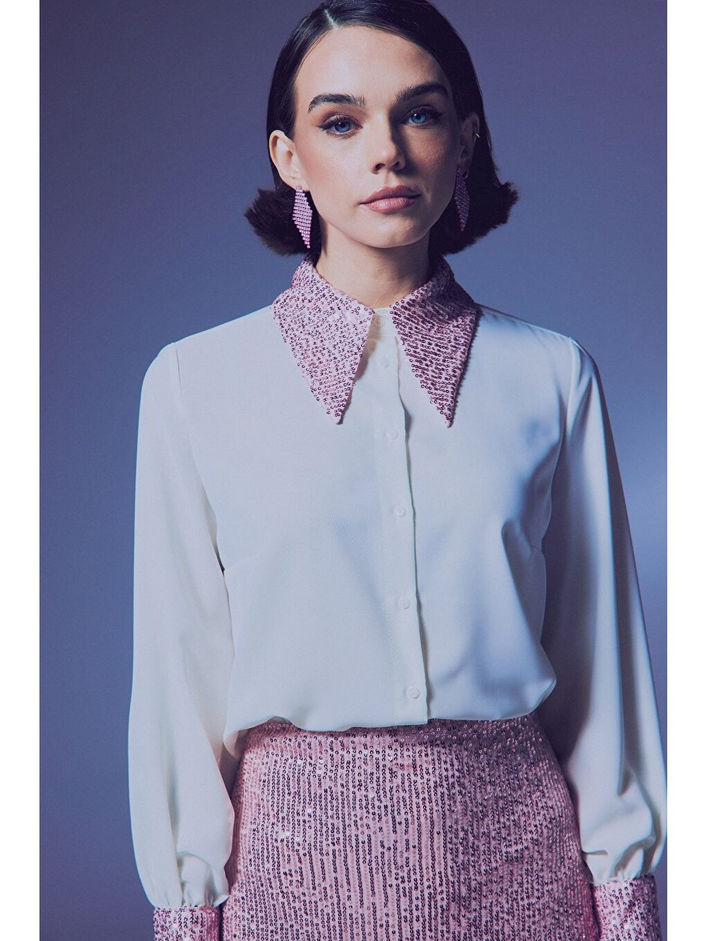 Lila Payet Detaylı Gömlek - Ekru-Pudra-2