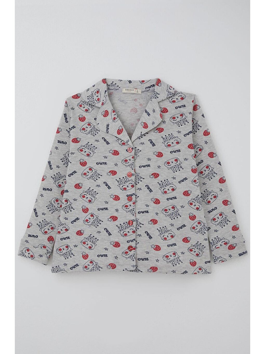 Kız Çocuk Pijama Takımı Kraliçe Kedicik & Çilek Desenli Açık Gri Melanj (7-11 Yaş)-1