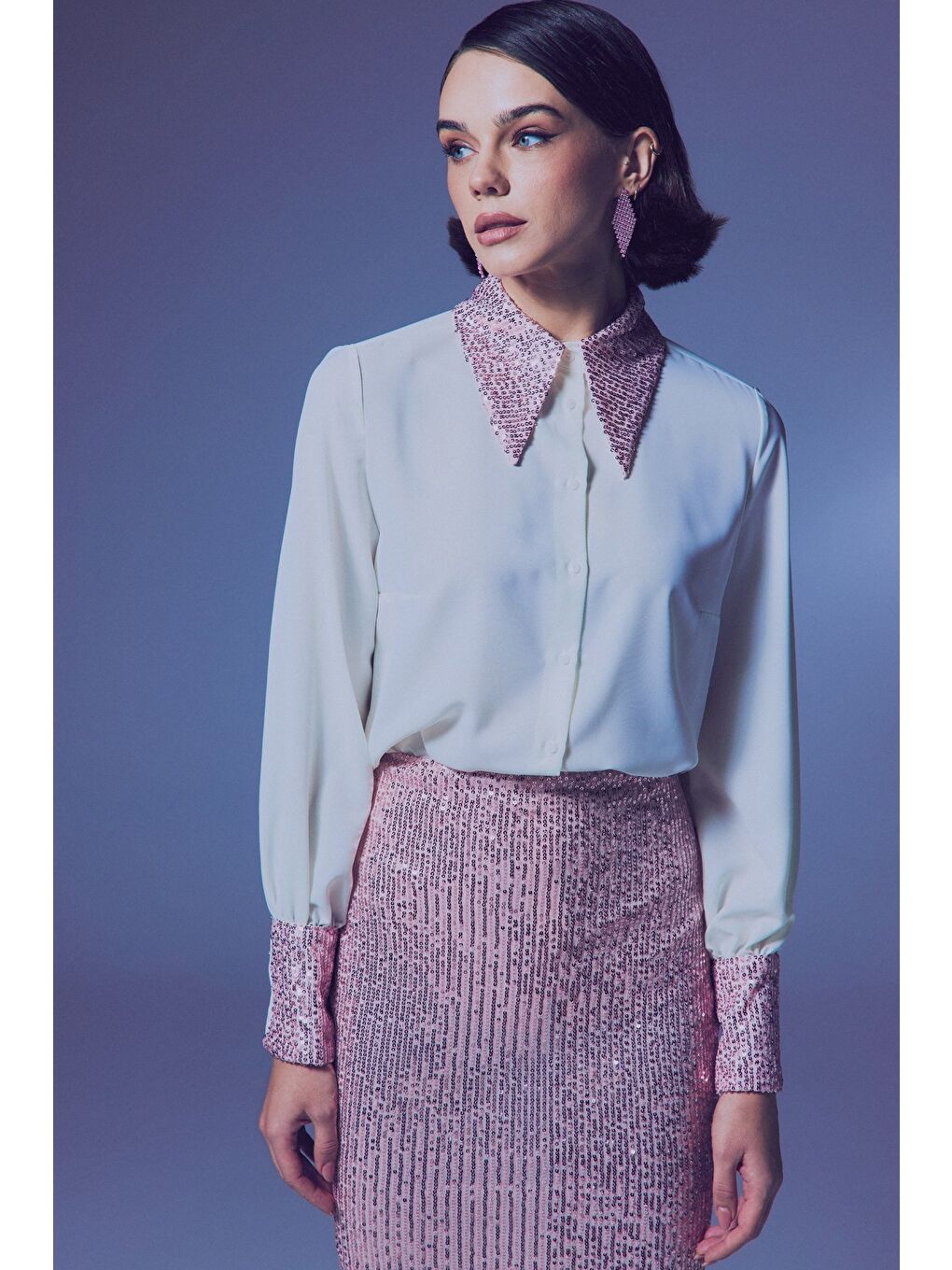 Lila Payet Detaylı Gömlek - Ekru-Pudra-3