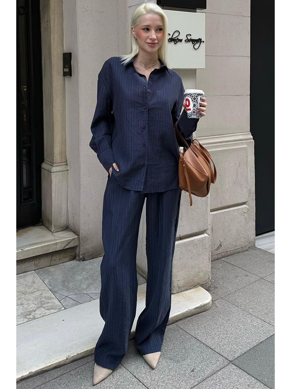 Lacivert Çizgili Kadın Gömlek Takım Mg2695-1