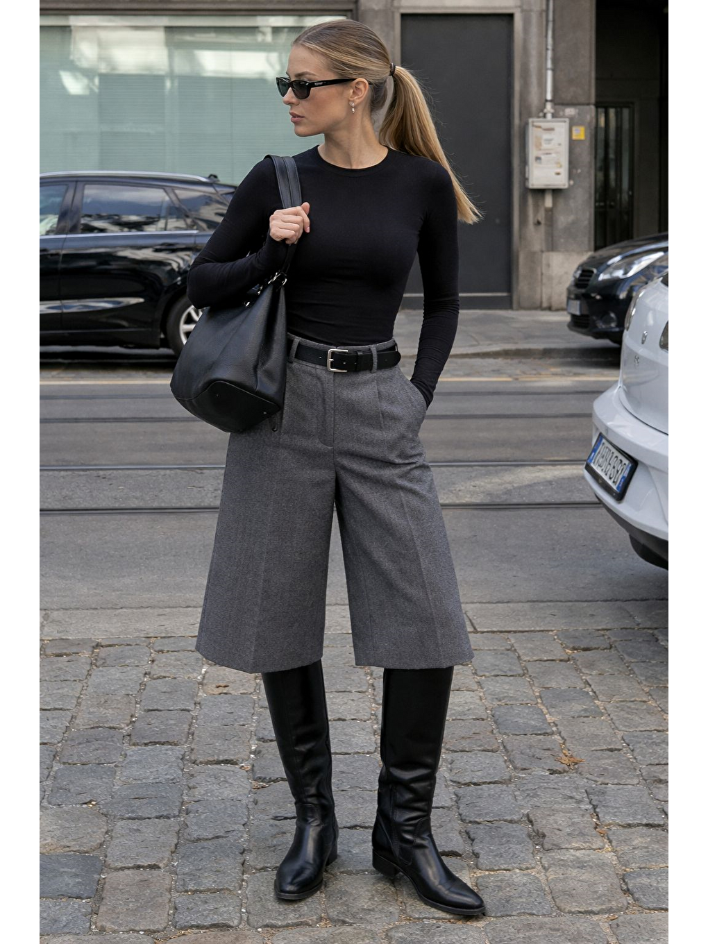 Gri Fümeyüksek Bel Kloş Kadın Bermuda Şort Mg2590