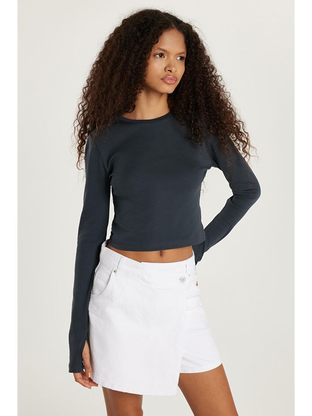 Kadın Slim Fit Dar Kesim Uzun Kollu Bisiklet Yaka Antrasit Bluz