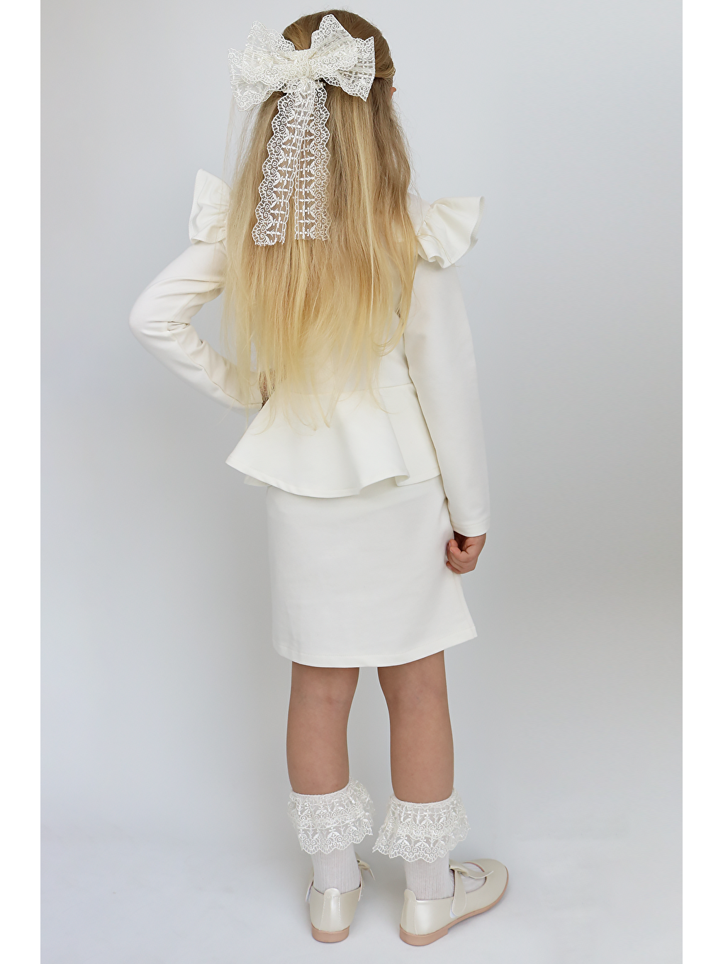Ekru Kız Çocuk Volan Etekli Fırfır Detaylı Elbise-2