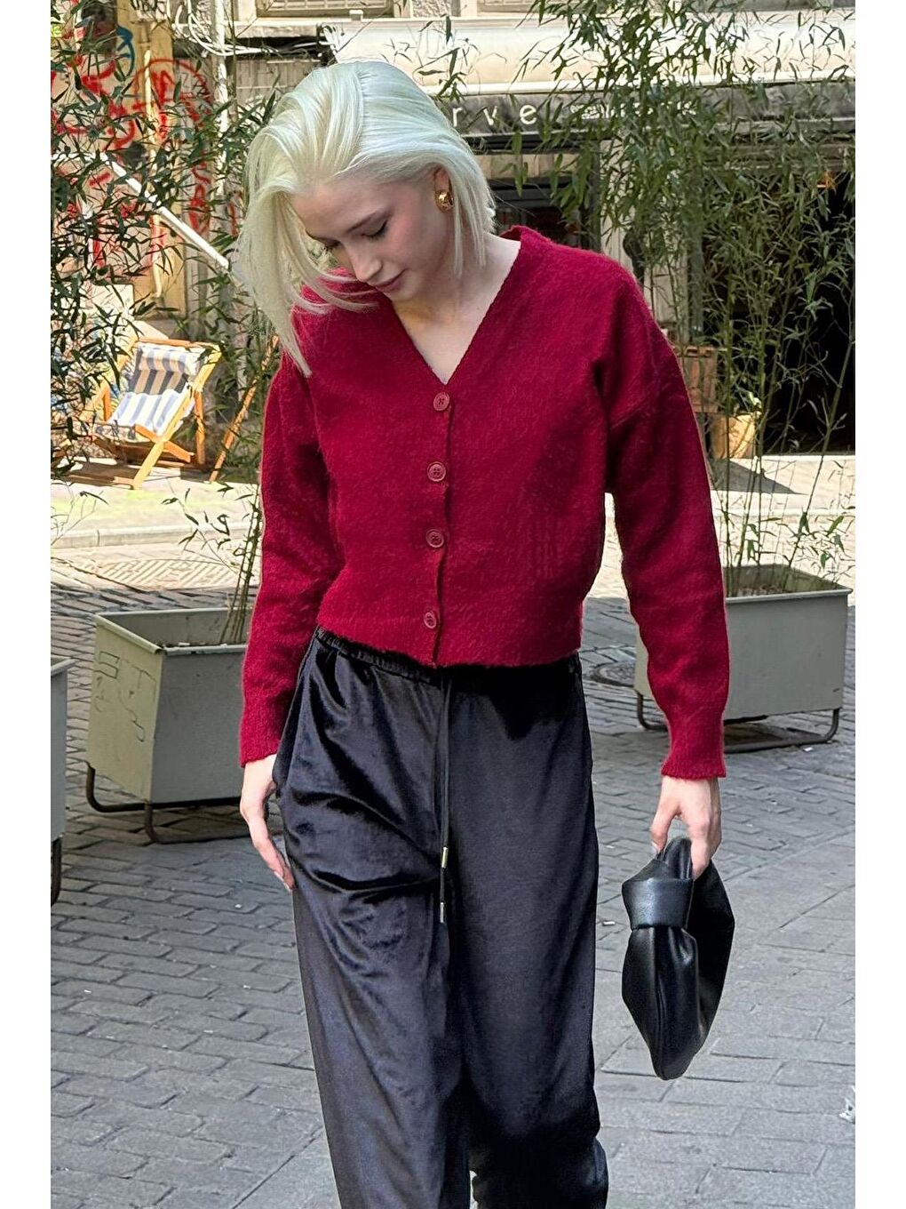 Bordo V Yaka Kadın Triko Hırka Mg2462-1