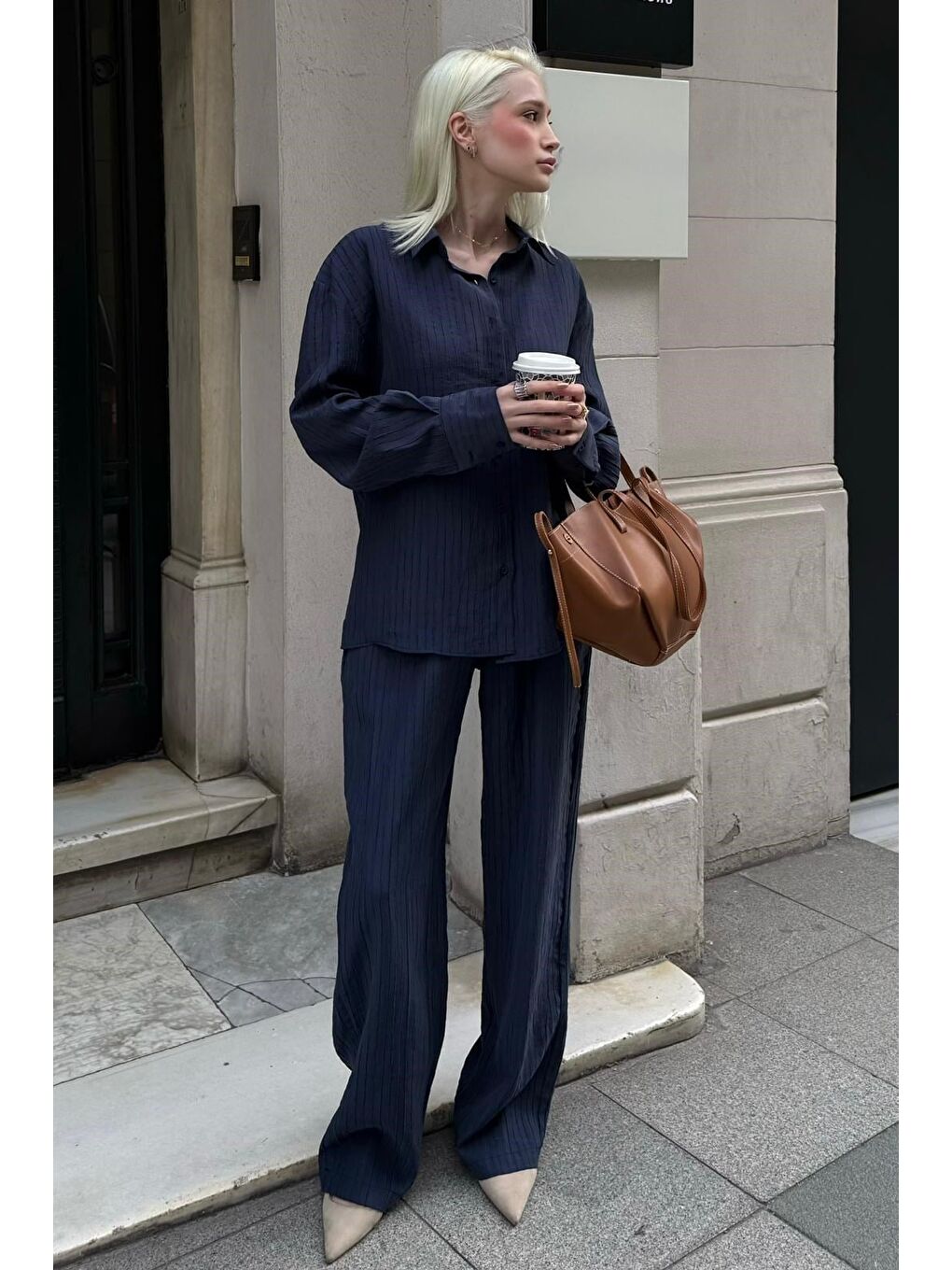 Lacivert Çizgili Kadın Gömlek Takım Mg2695-2