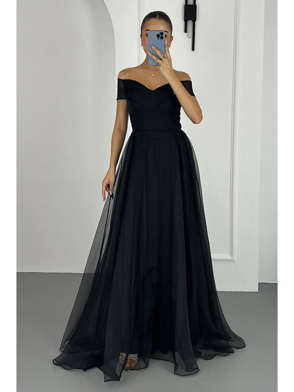 Kadın Siyah Kayık Yaka Uzun Söz Nişan Nikah Abiye Elbise