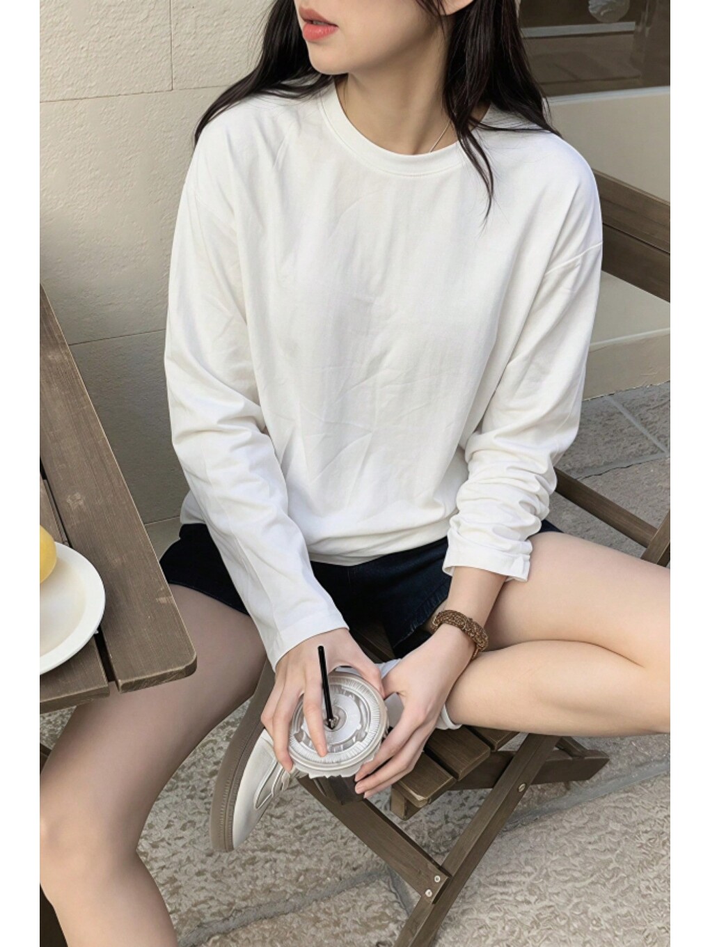 Beyaz Kadın Oversize Basic Uzun Kollu Tişört %100 Pamuk Süprem Bisiklet Yaka Rahat Kalıp-4
