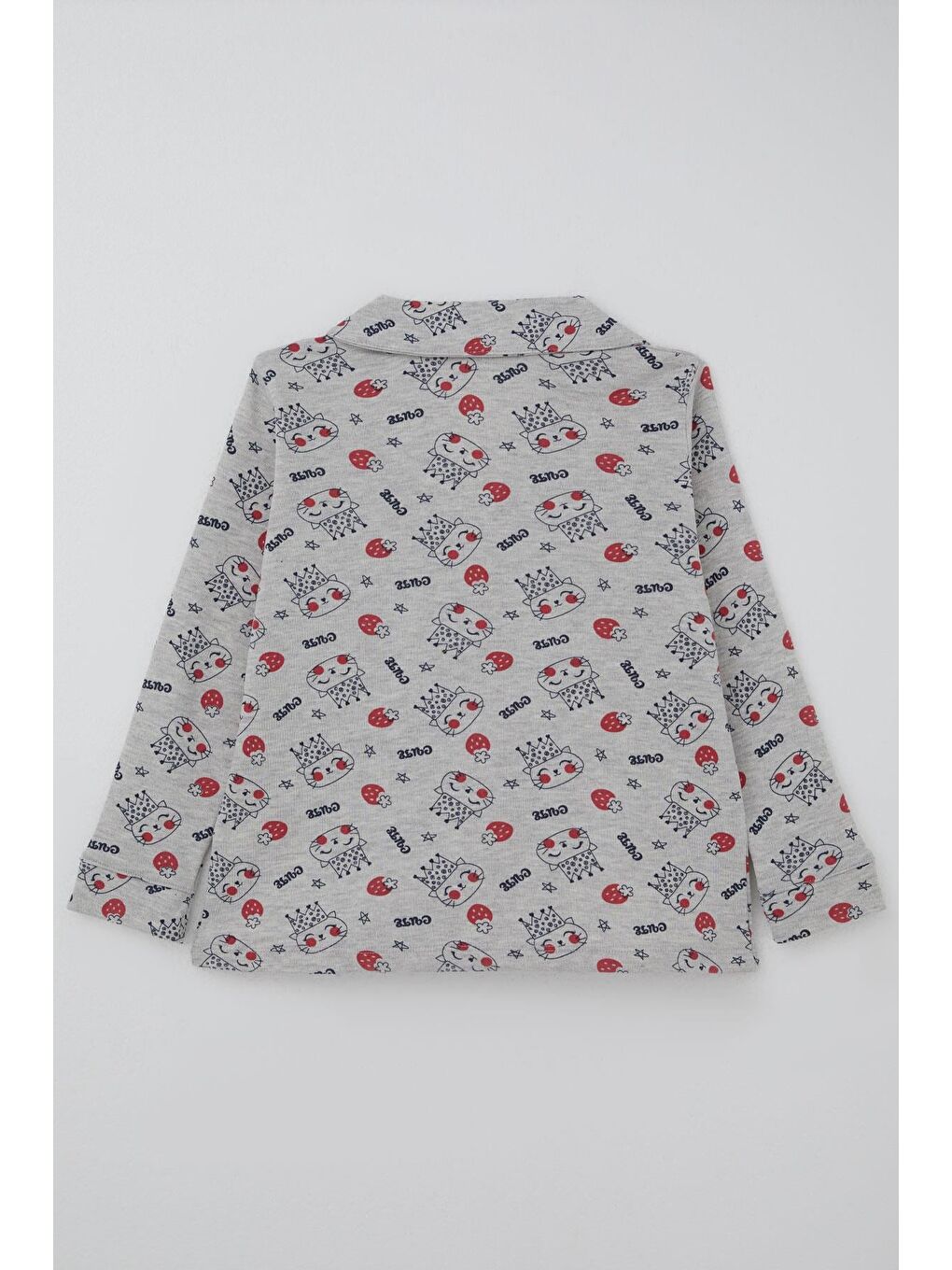 Kız Çocuk Pijama Takımı Kraliçe Kedicik & Çilek Desenli Açık Gri Melanj (7-11 Yaş)-3