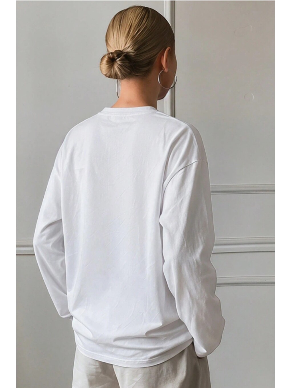 Beyaz Kadın Oversize Basic Uzun Kollu Tişört %100 Pamuk Süprem Bisiklet Yaka Rahat Kalıp-5