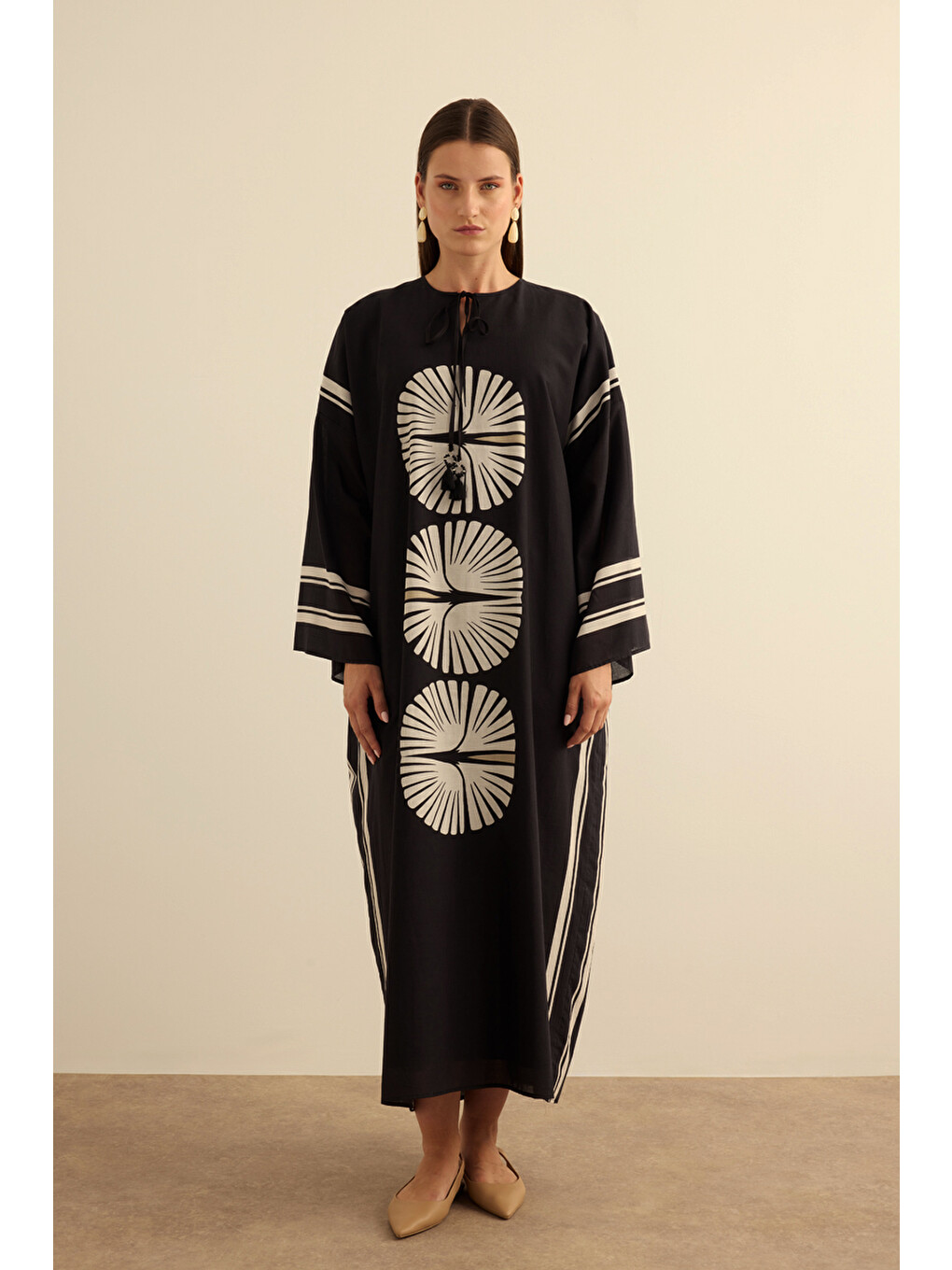Siyah Geometrik Desenli Pamuk Yaz Serinliği Kimono-3