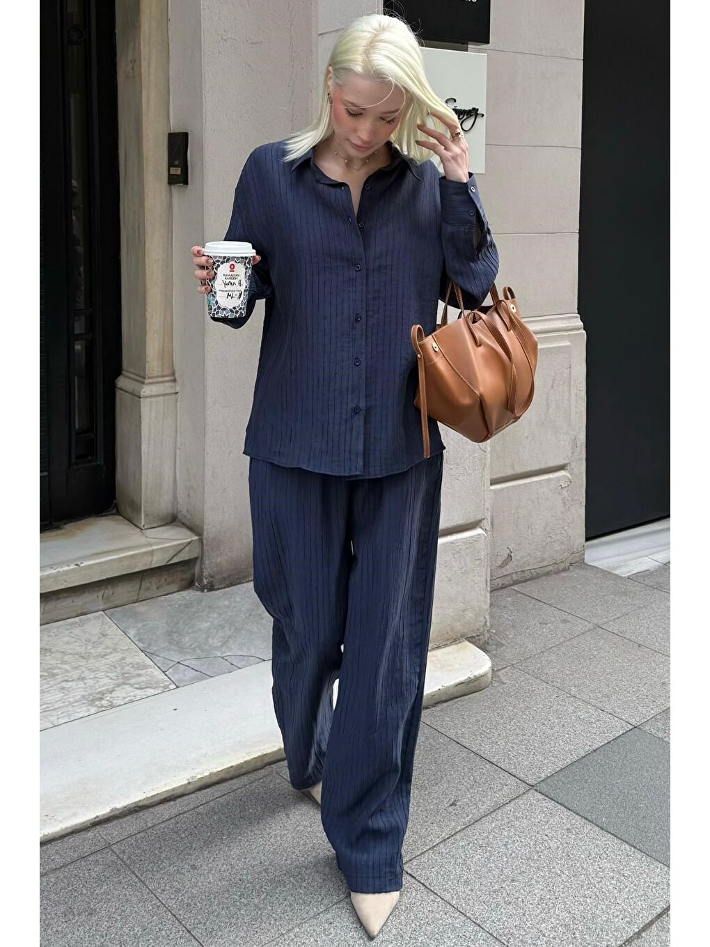 Lacivert Çizgili Kadın Gömlek Takım Mg2695-3