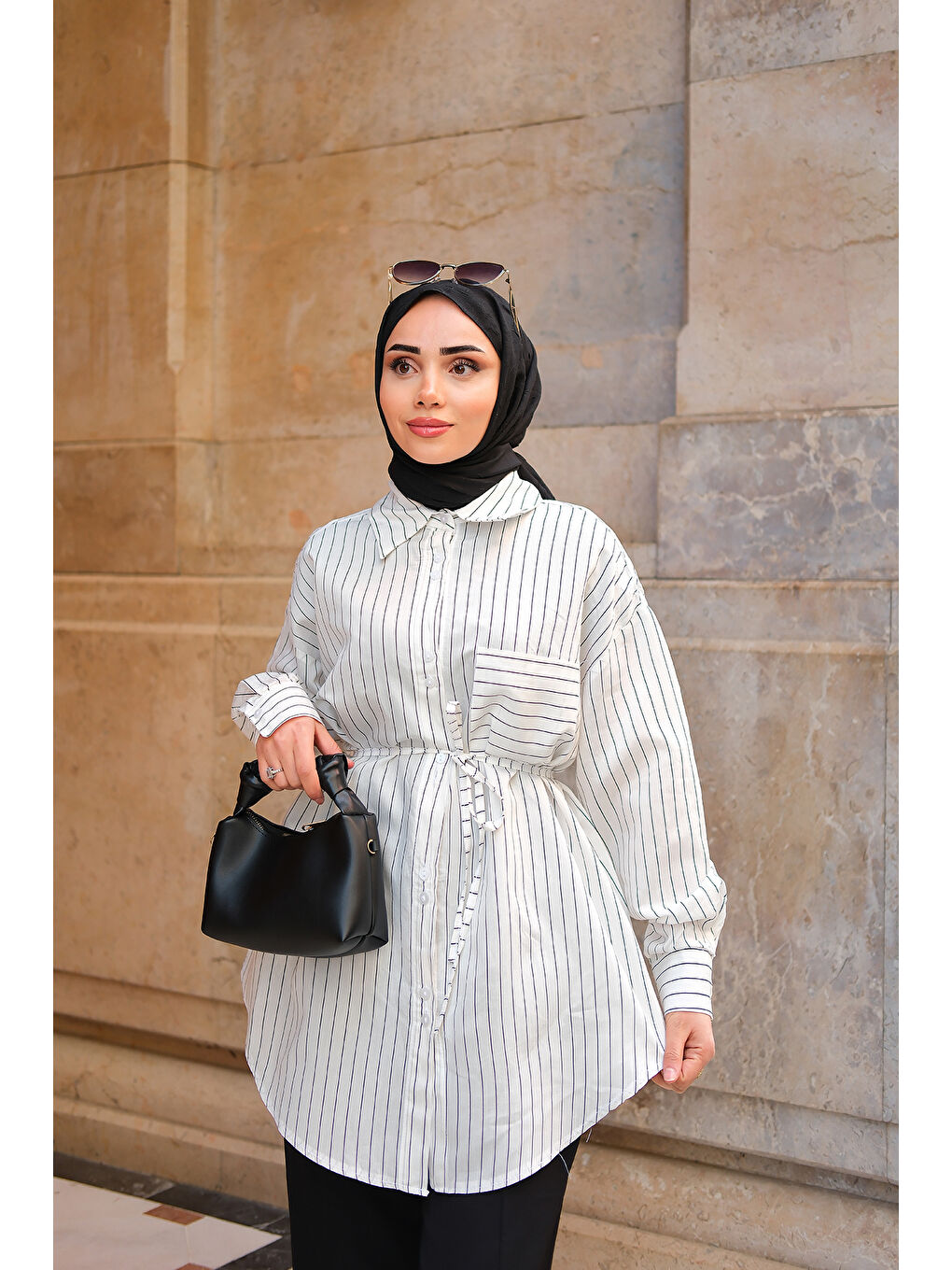 Kadın Çizgili Gömlek Beyaz-3