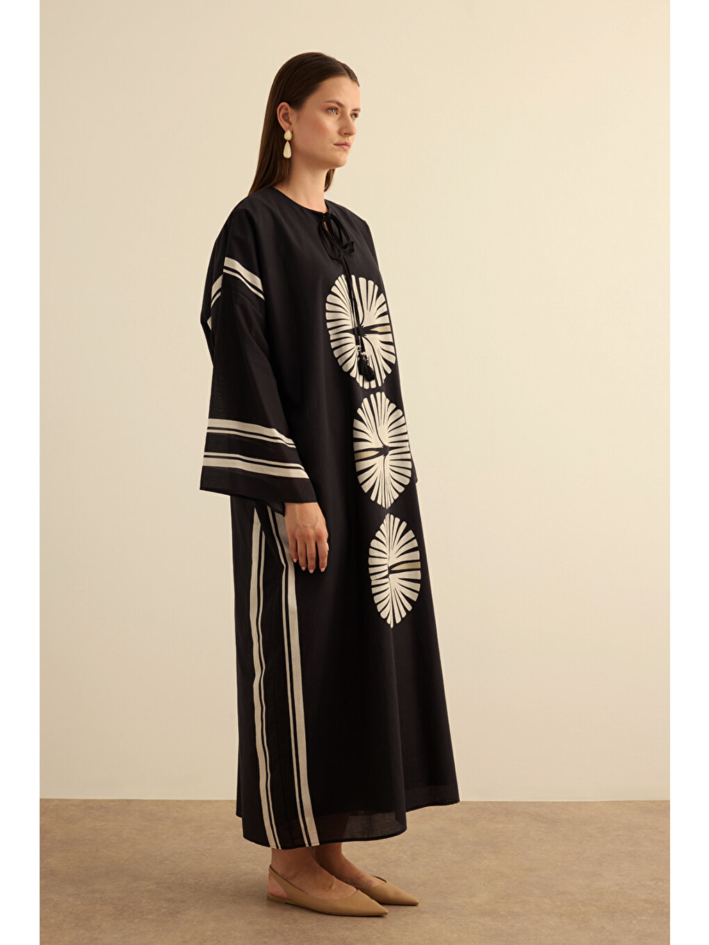 Siyah Geometrik Desenli Pamuk Yaz Serinliği Kimono-4