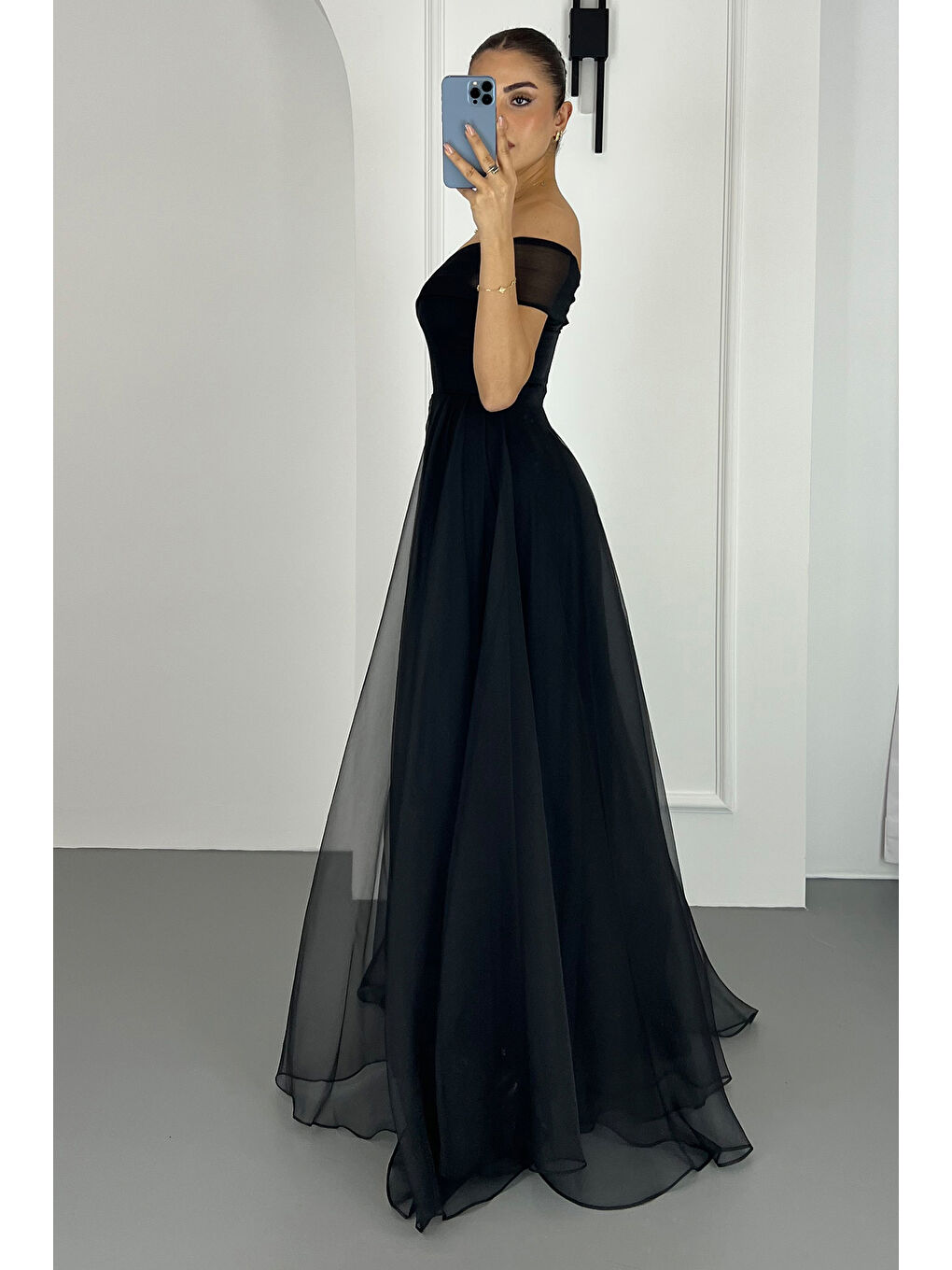 Kadın Siyah Kayık Yaka Uzun Söz Nişan Nikah Abiye Elbise-2