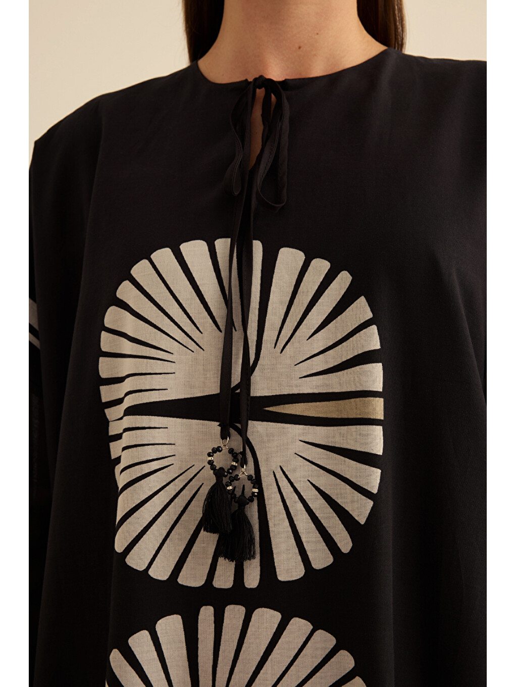 Siyah Geometrik Desenli Pamuk Yaz Serinliği Kimono-5