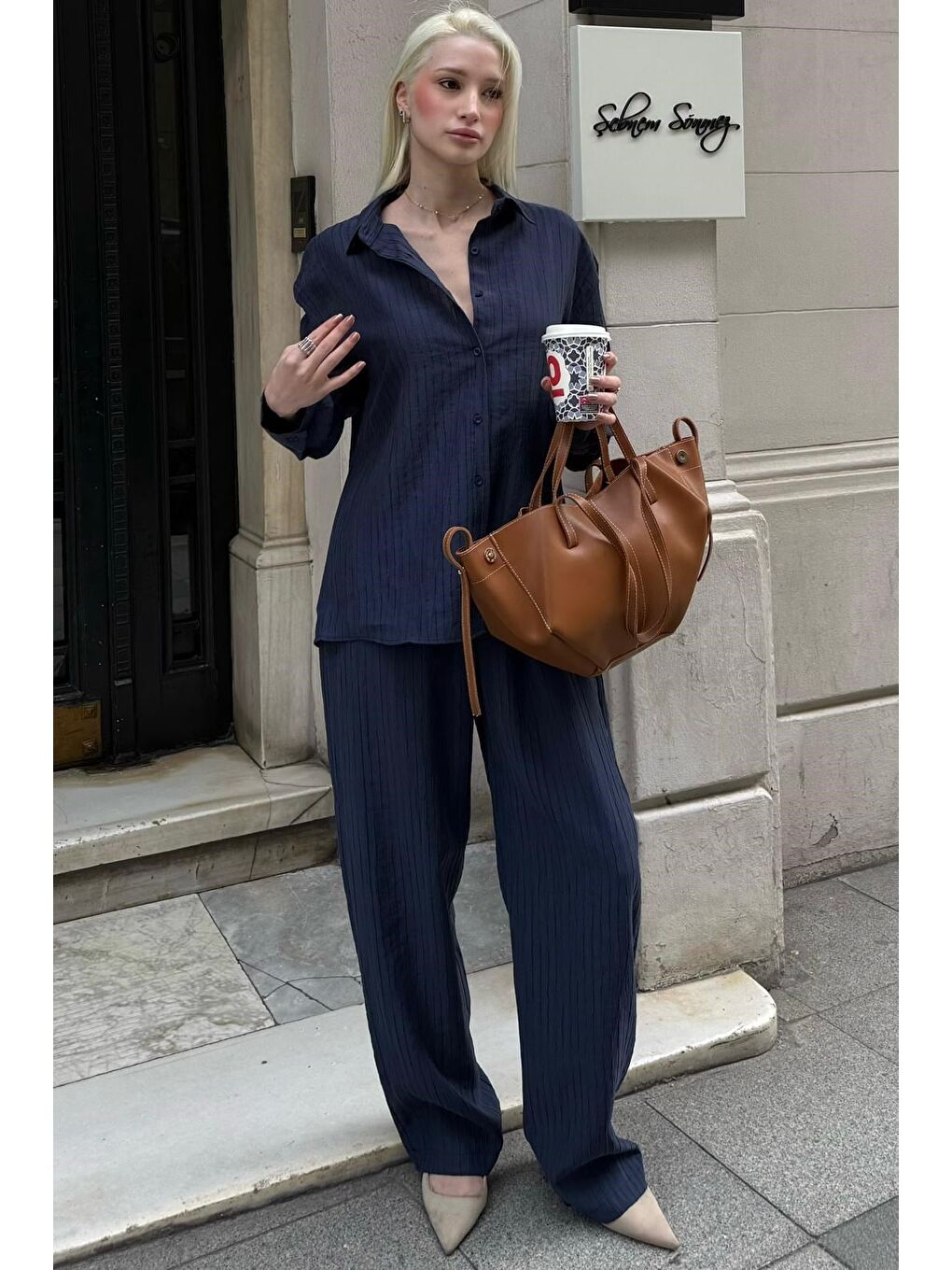 Lacivert Çizgili Kadın Gömlek Takım Mg2695-4